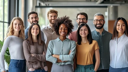 A joyful and diverse office team stands together near a window, radiating camaraderie and positivity, reflecting a modern work environment inclusive of all backgrounds.