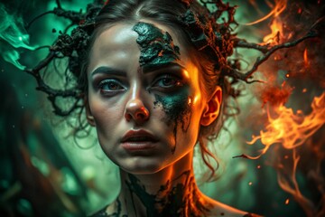 Fototapeta premium A woman with painted, dark, and fire-like makeup, a crown of twigs, and a serious expression.