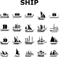 ancient ship maritime vessel icons set vector. navigation exploration, trade archaeology, discovery seafaring, shipwreck galleon ancient ship maritime vessel glyph pictogram Illustrations