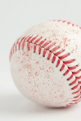 Close-up of a worn baseball with red stitching