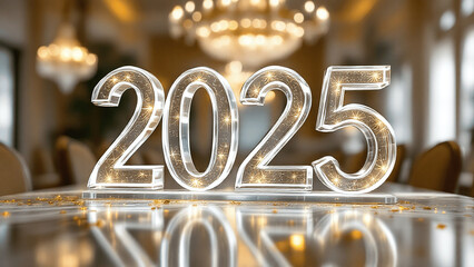 2025 sparkling in glamorous ambiance with festive decorations in a luxurious setting