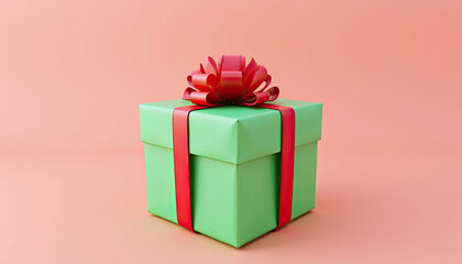 A rgreen box with a red ribbon on top of it. The box is sitting on a table