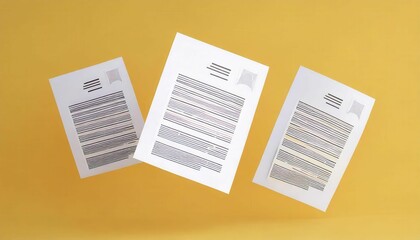 Three printed sheets with varying patterns float against a bright yellow background, showcasing design elements and typography.