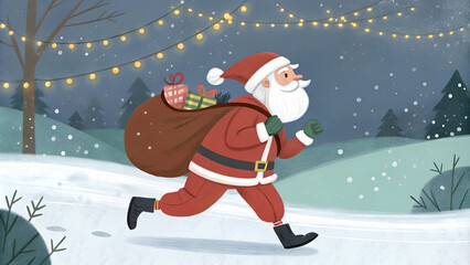 Jolly Santa Claus running through the snow with a large sack of gifts on a festive night