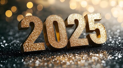 Golden numbers representing 2025 shine brightly against a dark, sparkling backdrop, illuminated by soft bokeh lights that create a festive atmosphere, perfect for celebrating the upcoming new year.