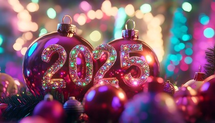 A charming 3D representation "2025" with a vibrant Christmas ornament theme.