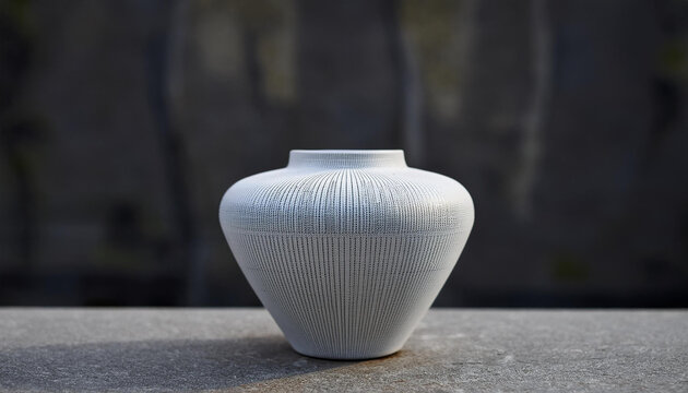 Minimalistic urn with ashes on marble surface, dark backdrop. Funeral concept.