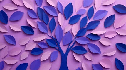 Obraz premium A vibrant tree design is composed of various shades of purple and pink leaves, set against a matching purple background. This captivating paper artwork emphasizes creativity and artistic expression.