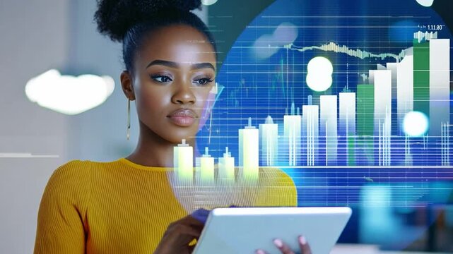 A black woman engages with data trends on a tablet, observing digital charts and graphs in a contemporary office setting
