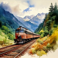 Obraz premium watercolor of a a train going through mountains with beautiful natural dramatic view