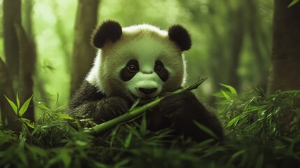 Fototapeta premium A realistic depiction of a panda eating bamboo in a lush, green forest setting, evoking feelings of peace, tranquility, and the natural charm of wildlife habitats.