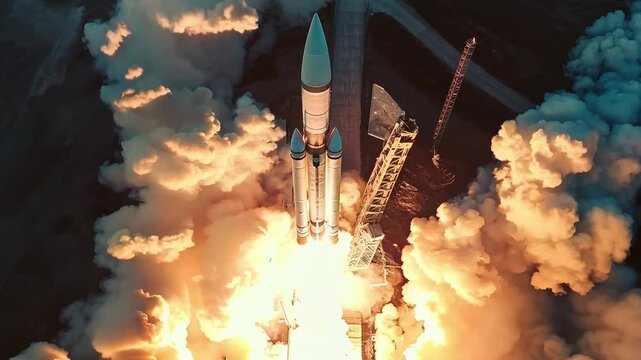 The powerful rocket lifts off the ground, surrounded by billowing smoke and flames, marking a significant moment in space exploration