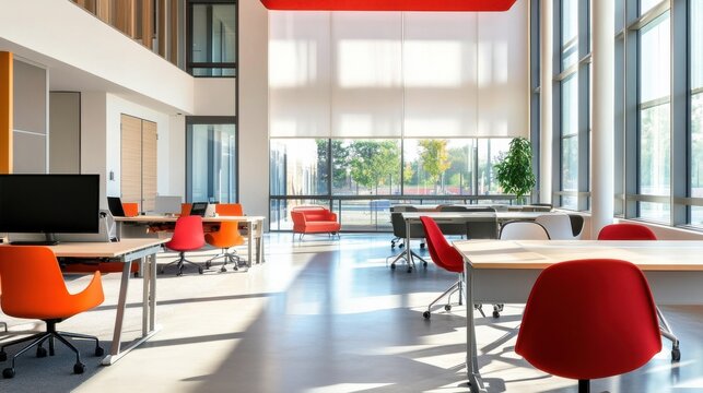 Design a modern office building with innovative workspace solutions.