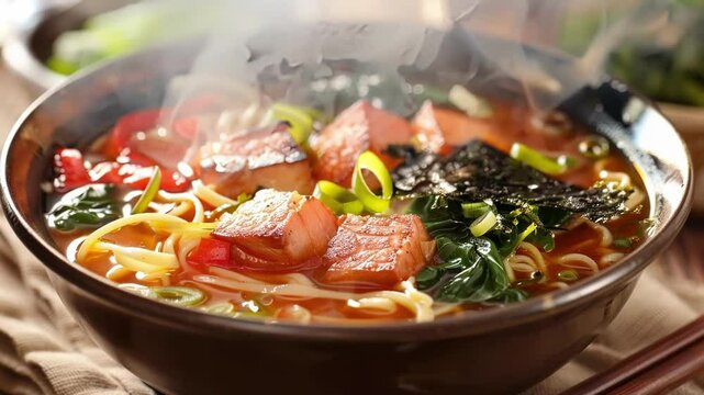 Steaming bowl of ramen is presented with chopsticks resting nearby. The ramen features pork belly, nori seaweed, and scallions