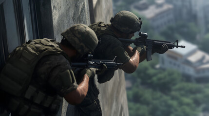 Fototapeta premium A pair of modern special forces soldiers rappelling down a building, rifles at the ready. Simplified urban setting with focused motion.