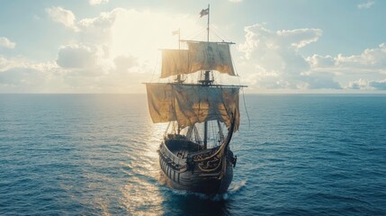 An elegant sailing ship gracefully moves towards the setting sun with billowing sails, captured on a calm sea, illustrating a timeless voyage and quest for discovery.