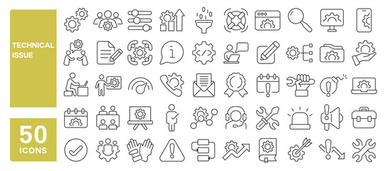 Set of 50 line icons related to technical issue, support, warning, system, failure, error, problem, alert, gear, Editable stroke. Vector illustration
