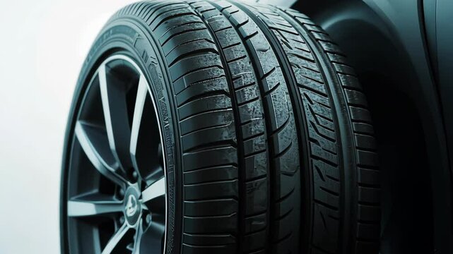 A close-up of a car tire with a silver rim, showing the detailed tread pattern