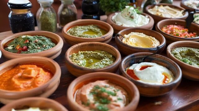 Selection of colorful middle eastern dips, such as hummus, baba ghanoush, and labneh, are served in rustic clay bowls, garnished with herbs and spices
