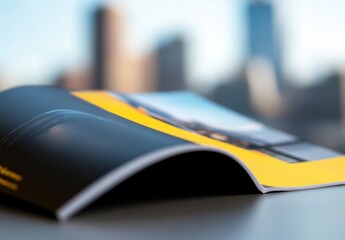 Close-up of a stack of books with a yellow spine against a blurred cityscape background