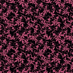 Seamless floral pattern, cute ditsy print with small pink flowers, leaves on purple background. Pretty botanical design for fabric, paper and other surfaces. Vector illustration.