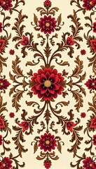 Elegant Floral Damask Pattern in Rich Red and Brown on Cream Background with Ornate Scrollwork