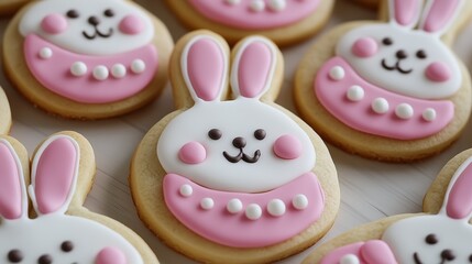 Cookies in the shape of Easter bunnies, decorated with white and pink icing. Each bunny has a cute face with pink cheeks and white beads on its neck.