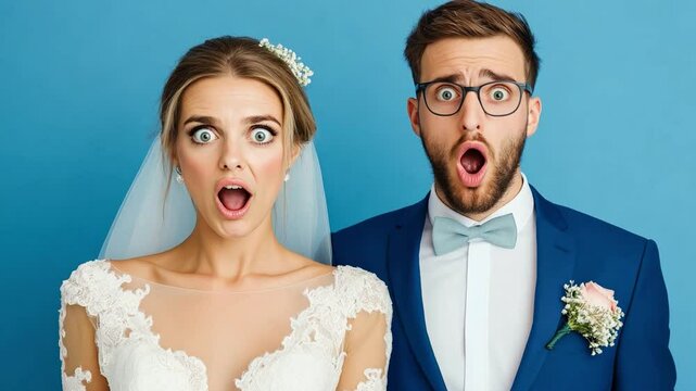 A funny bride and groom express shock with wide eyes and open mouths, capturing a surprising moment during their wedding celebration on blue background