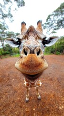 Naklejka premium A gentle giraffe stands gracefully at ground level, showcasing its vibrant features within a lush wildlife backdrop