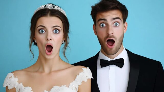 A couple reveals their surprise while posing for a wedding portrait against a blue backdrop, capturing a funny moment of celebration