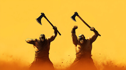 Two berserkers roaring in battle, axes high above their heads, charging into a fray. Fierce emotion in a minimalist composition.


