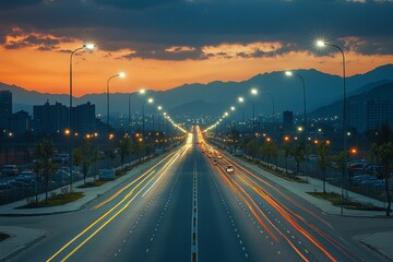 Fototapeta premium Highway equipped with solar-powered streetlights. Generative AI