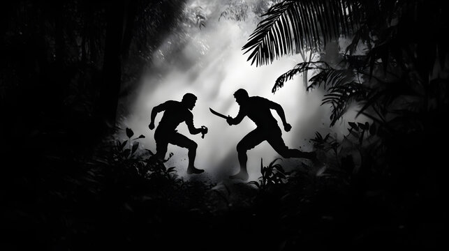 A duo of Gurkhas in mid-sprint, their iconic kukri blades ready, racing through a dense jungle. Clean, sharp lines with minimalist surroundings.



