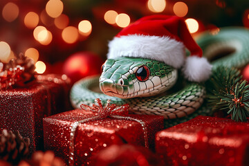 2025 Year of the Snake Chinese horoscope, cute green snake crawling through gifts and New Year decorations	