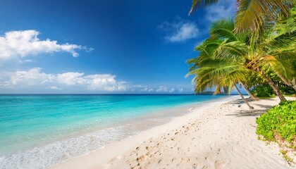 Obraz premium Beautiful tropical beach with palm trees, sunset beach seascape, design template for travel banner.