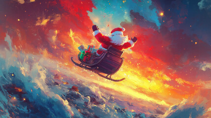 Santa Claus Delivering Gifts in a Sleigh Against a Sunset