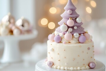 Fototapeta premium Christmas cake with delicate pastel decorations, including a lavender frosted Christmas tree and tiny colorful baubles