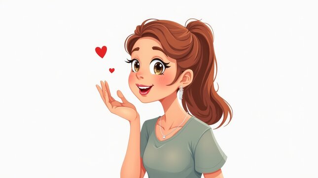 A cheerful illustration of a woman blowing a kiss, with a playful smile on her face. The background is isolated on white, emphasizing her joyful expression and the gesture of affection