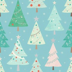 Fototapeta premium seamless pattern of cute decorated Christmas trees in pastel green mint and pink colors on soft blue background, simple minimalist style.wrapping paper, Advent calendar, holiday fabric design concept.