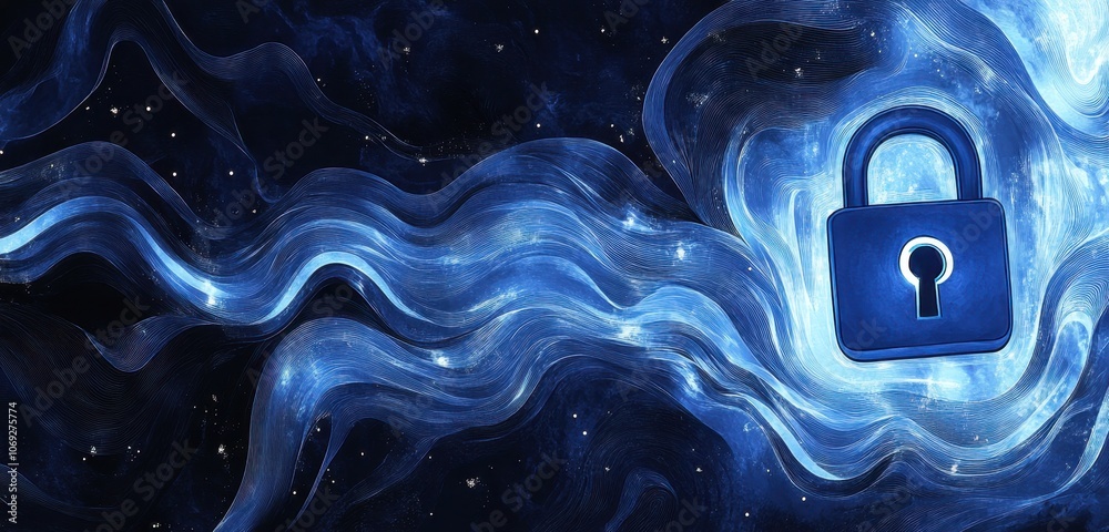 Wall mural a blue digital padlock floating on the right side of an abstract background with glowing data stream