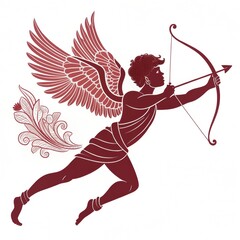 Fototapeta premium silhouette of Cupid in flight, holding a bow with arrow ready, minimalist style with bold lines, isolated on white background, modern and playful design, suitable for romantic, holiday, or wedding