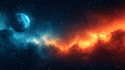 lone blue planet against a fiery cosmic backdrop, illustrating the stark contrasts of the universe