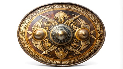  A round shield with Greek symbols, used by hoplite soldiers, on a white background.