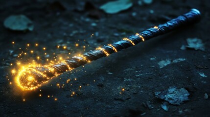 A mysterious wand lies on the ground, releasing a magical stream of glowing sparks, symbolizing enchantment and the mystical power of fantasy in an ethereal setting.