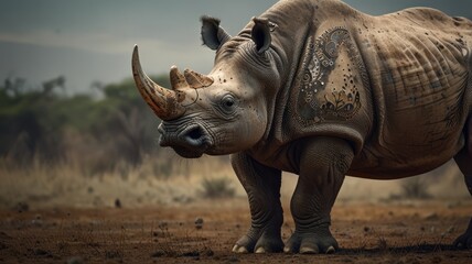 Obraz premium a Greater One-horned Rhinoceros, standing tall in a lush, green forest. Its thick, gray skin, prominent horn, and powerful build are captured in stunning detail.