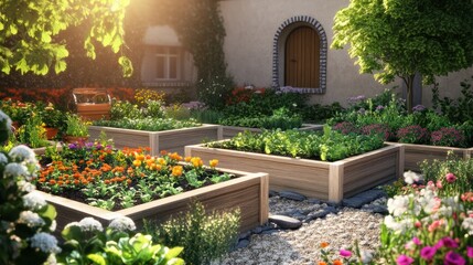 Naklejka premium A beautifully designed garden with raised beds, flowers and lush greenery, all lit by the warm glow of the morning sun.
