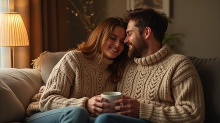 couple wearing matching cozy sweaters, sitting together on a couch in a warm living room, soft lighting from a nearby lamp, smiling and holding mugs, relaxed and intimate atmosphere, high-detail