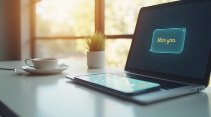 Digital love message on a phone screen, sitting on a desk next to a laptop, modern workspace, the message reads "Miss you" with a heart emoji, bright daylight streaming in from a window, clean