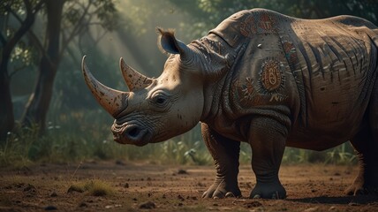 Fototapeta premium a Greater One-horned Rhinoceros, standing tall in a lush, green forest. Its thick, gray skin, prominent horn, and powerful build are captured in stunning detail.