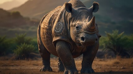 Fototapeta premium a Greater One-horned Rhinoceros, standing tall in a lush, green forest. Its thick, gray skin, prominent horn, and powerful build are captured in stunning detail.